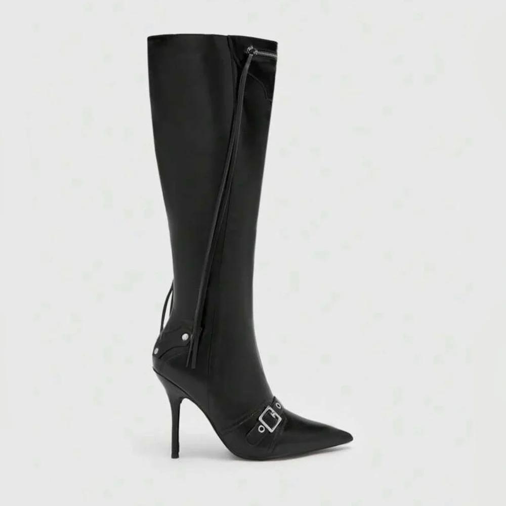 Trending Buckle Stiletto Heeled Classic Black Fall Boots, size 8 - Picture 2 of 8